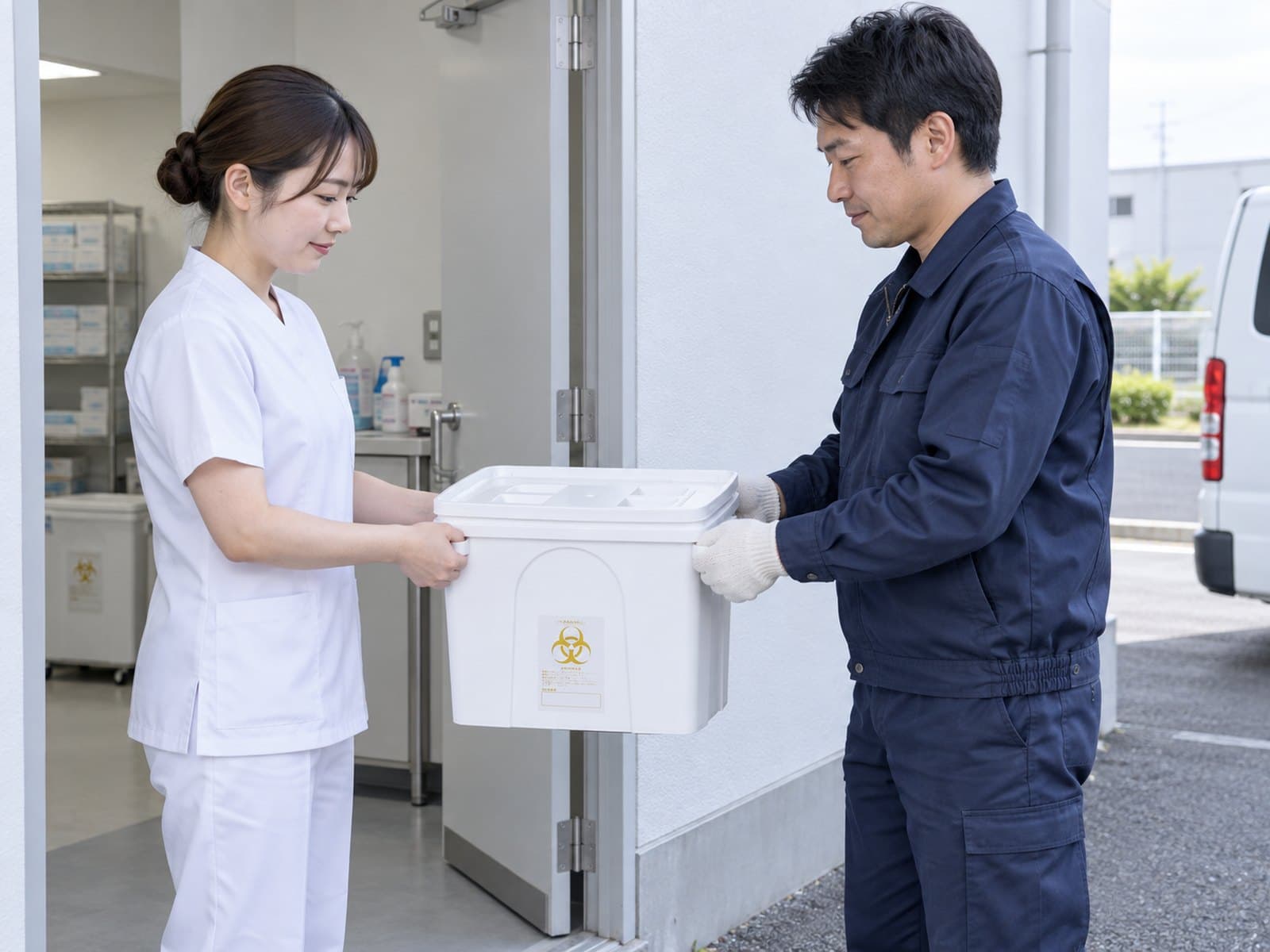 クリニックの裏口で、スタッフから密閉した専用容器を受け取る回収スタッフ