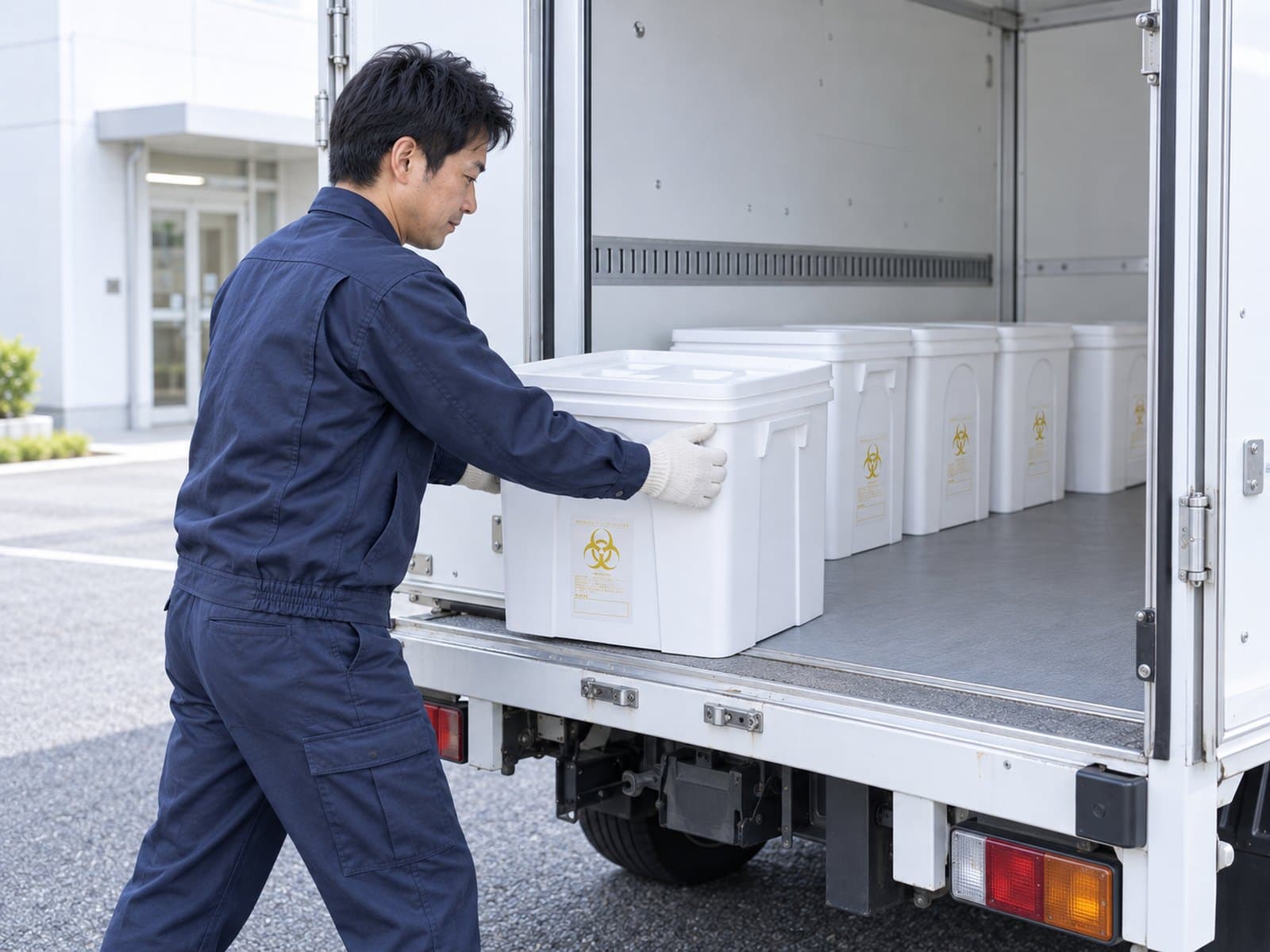 密閉した専用容器を収集車両の荷台へ積み込む回収スタッフ