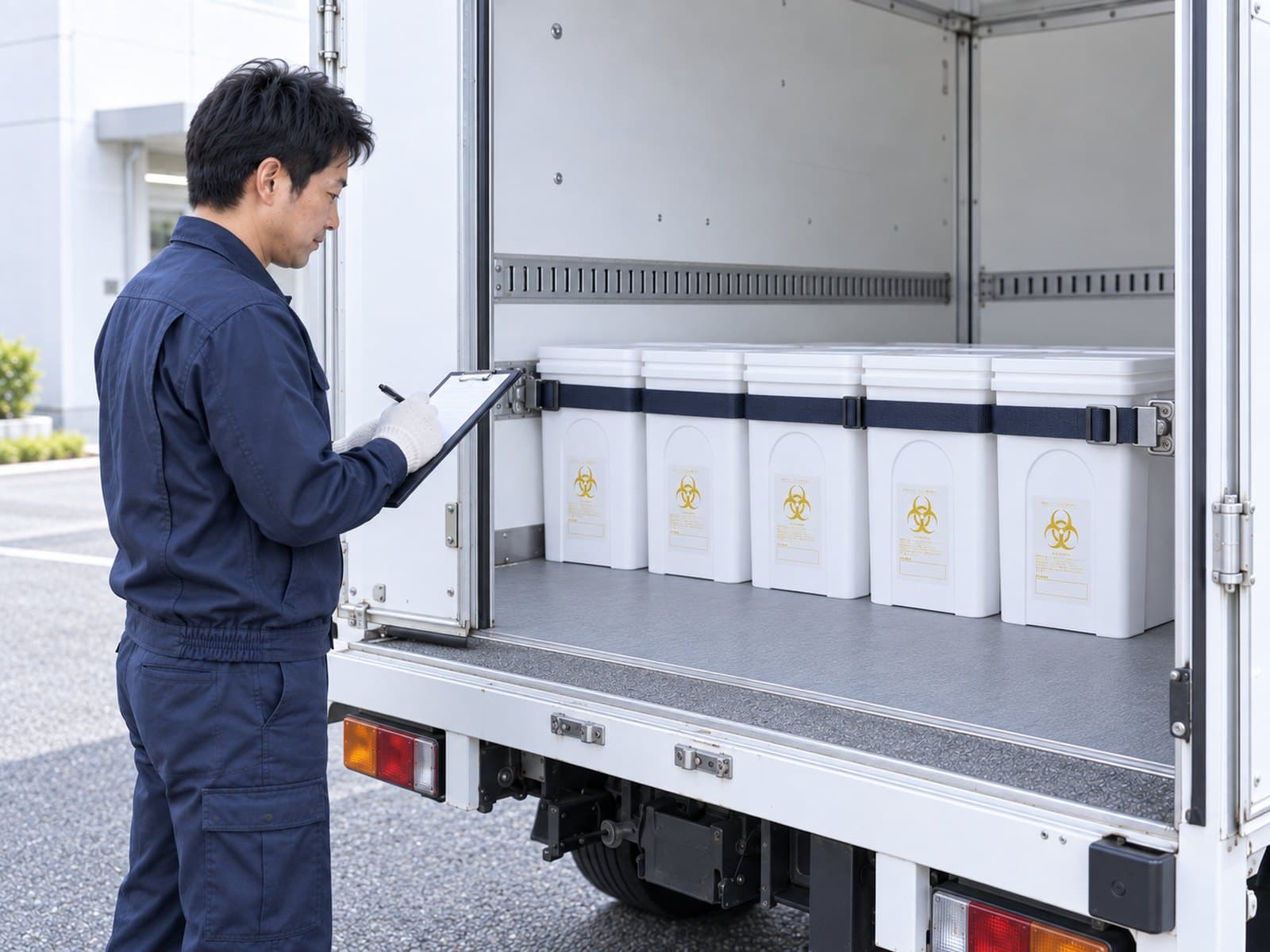 荷台に整列させベルトで固定した専用容器を、クリップボードで確認する回収スタッフ