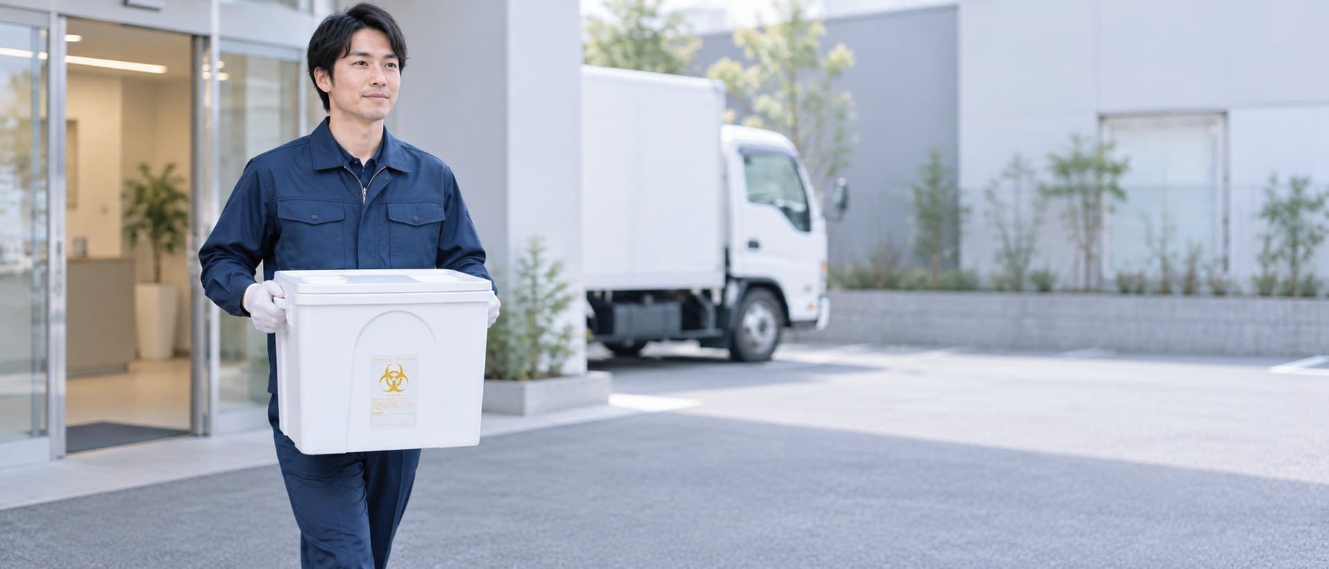感染性廃棄物の専用容器を両手で抱え、クリニックから回収車両へ運ぶスタッフ